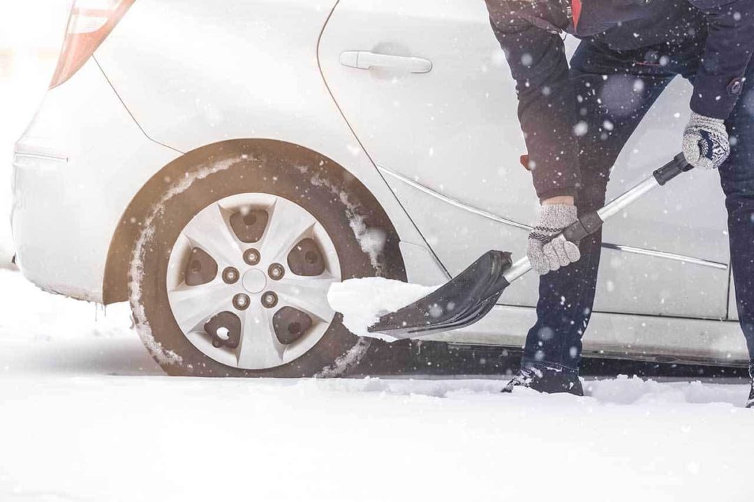 Keeping a shovel in your trunk can come in handy when driving in the snow.