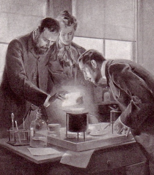 Marie and Pierre Curie lean over glowing radium