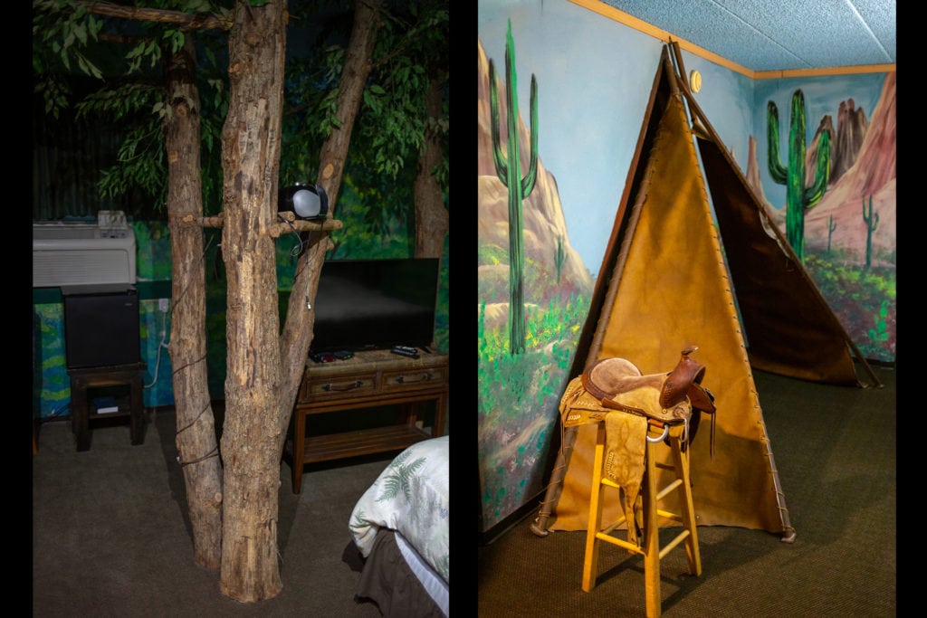 Real tree trunks in the Sherwood Forest suite and a leather wigwam in the Indian Summer suite