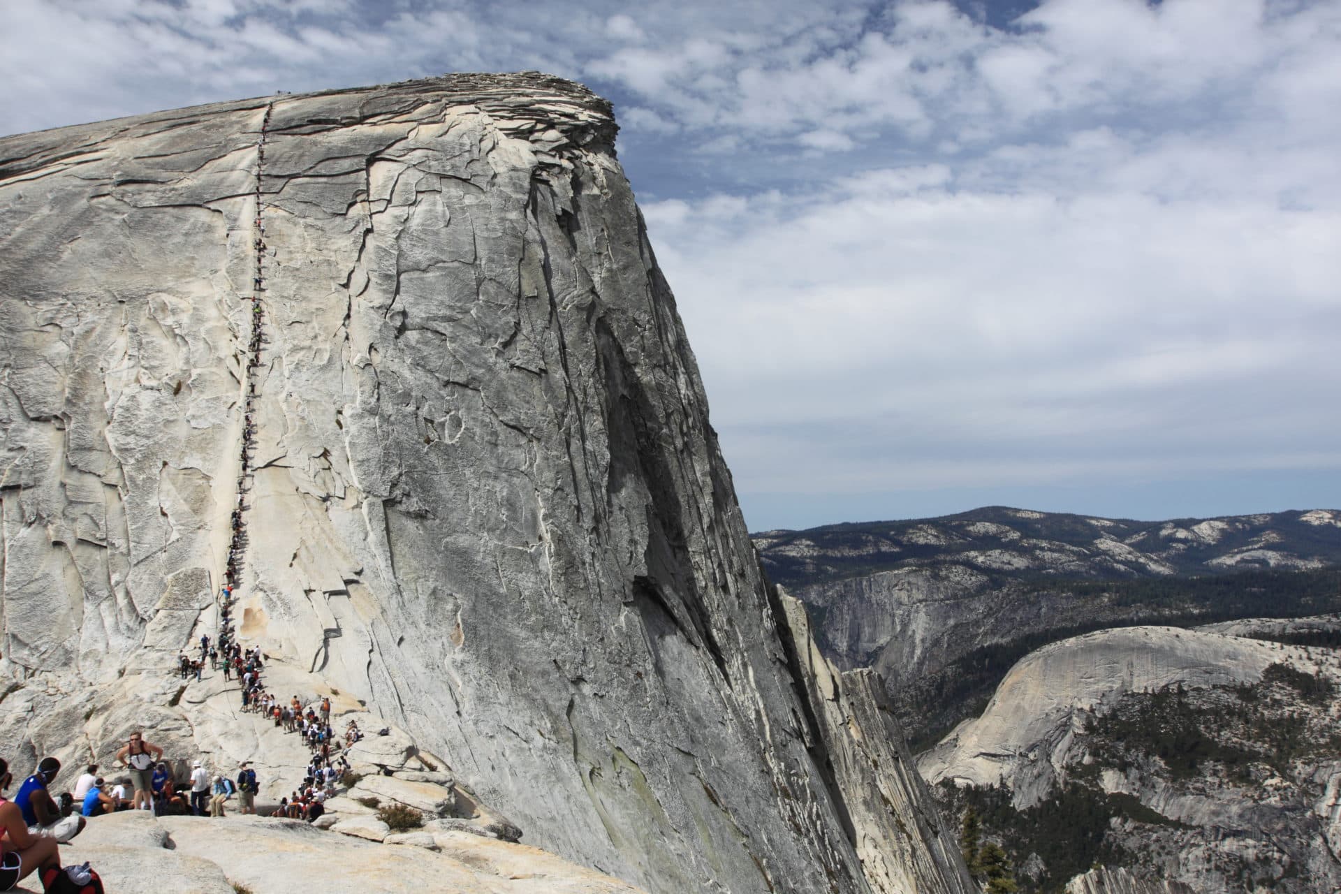 half dome's cables on a crowded day
