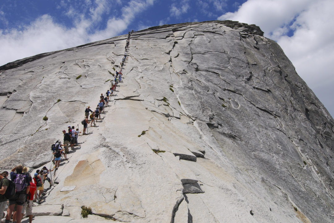 the view looking up half dome's cables