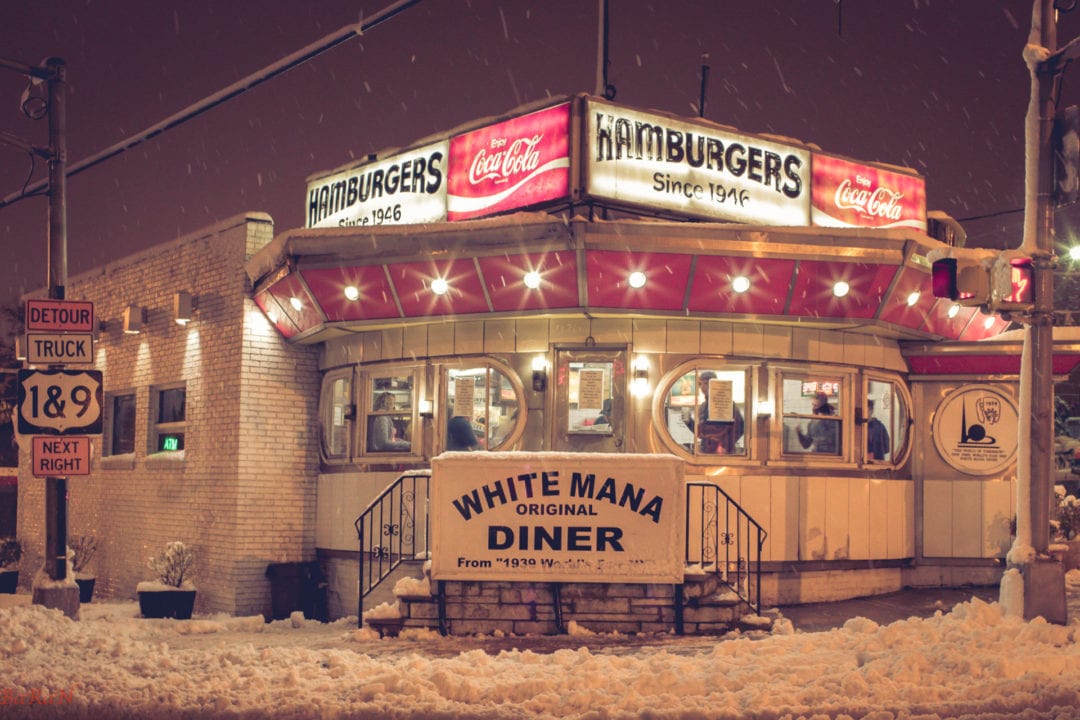 The diner in snow at night