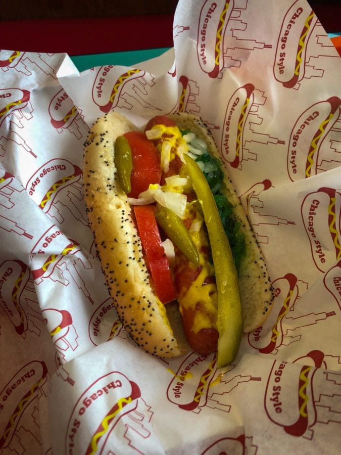 Chicago-style hot dog with Vienna beef