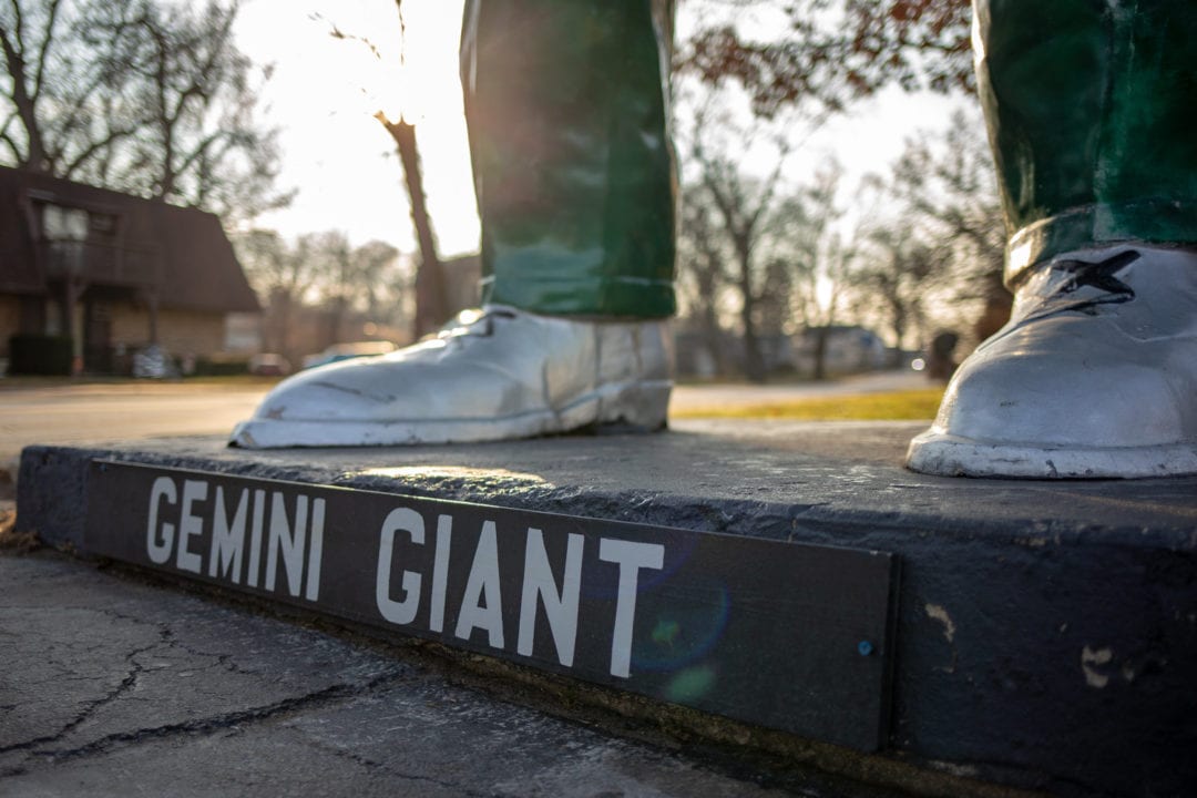 Close up of the Gemini Giant's feet outside The Launching Pad diner.