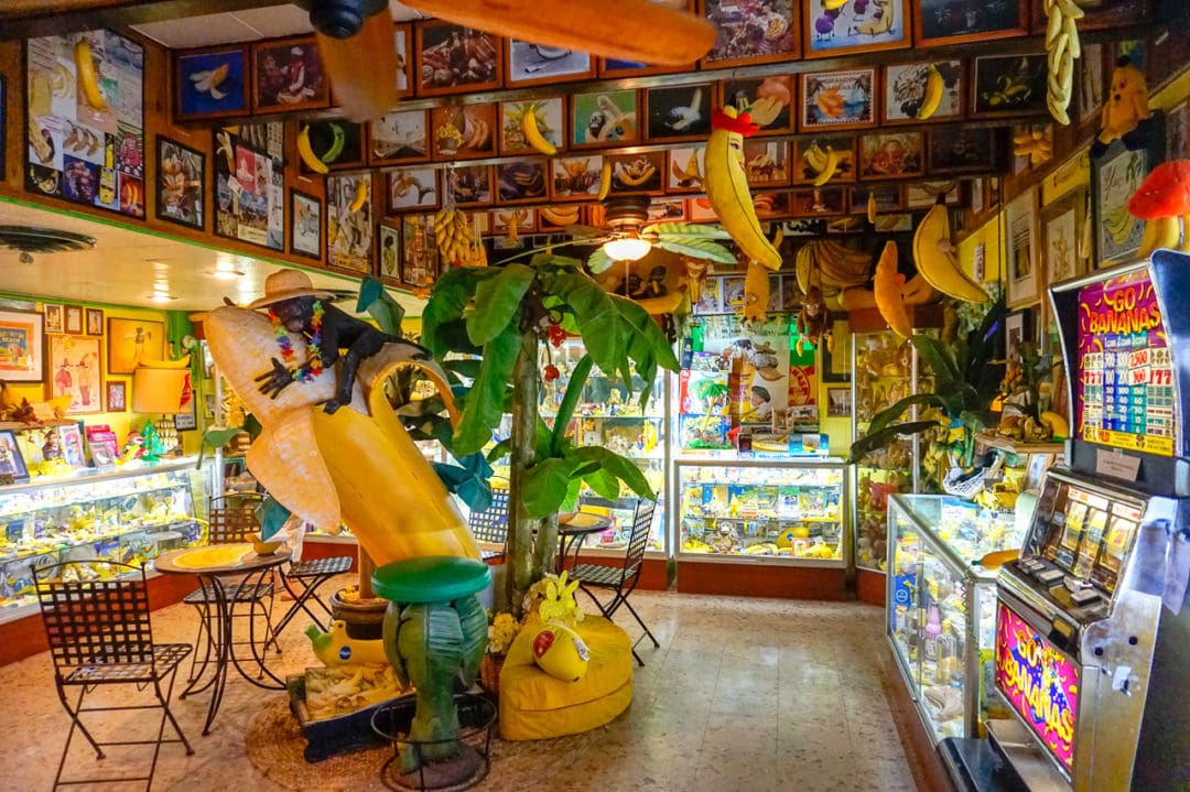 A small room is covered from floor to ceiling with banana-related items