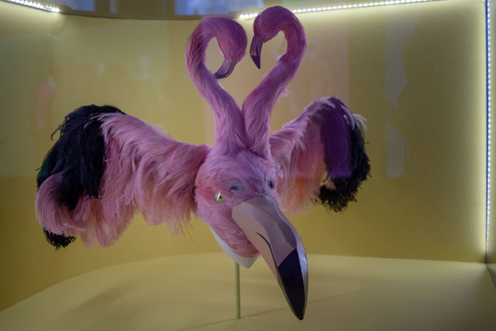 a pink flamingo mask