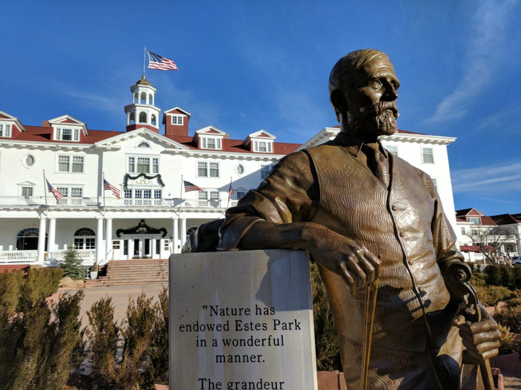 A statue of F.O. Stanley in front of the Stanley Hotel