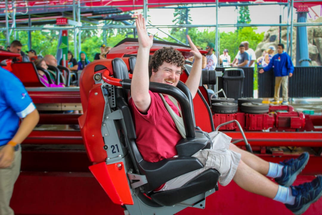 AJ Hummel on a ride at Six Flags Great America amusement park