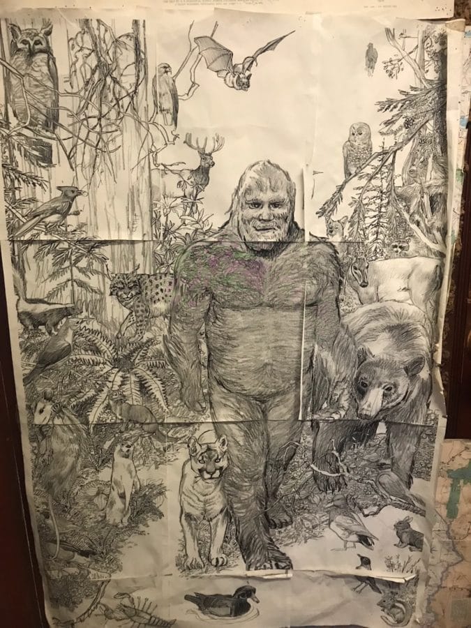 A drawing of bigfoot in the woods