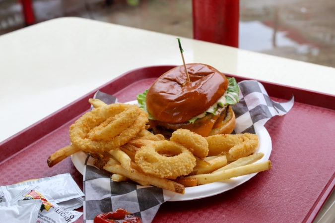 Burger and fries (with onion rings thrown in) amusement park