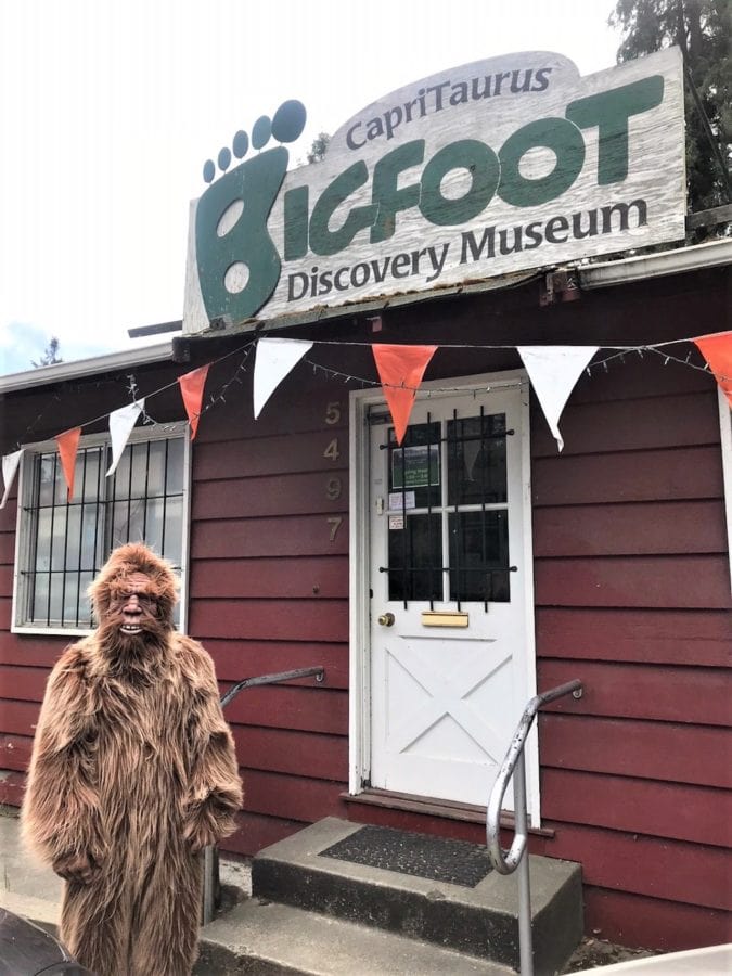 Someone in a bigfoot costume stands in front of the bigfoot discovery museum