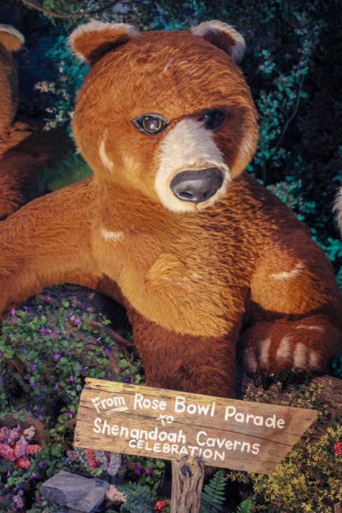 a bear in a set of faux bushes