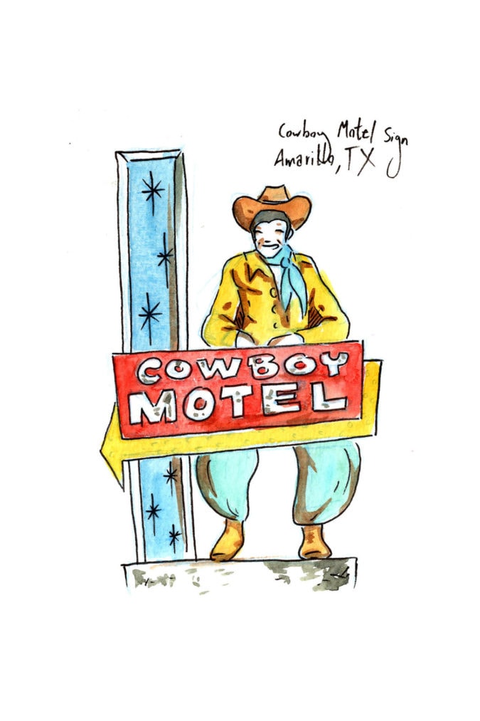 a watercolor painting of a cowboy motel neon sign