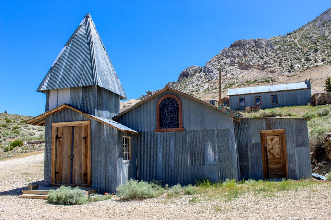 The Cerro Gordo ghost town church is both a chapel and a movie theater 