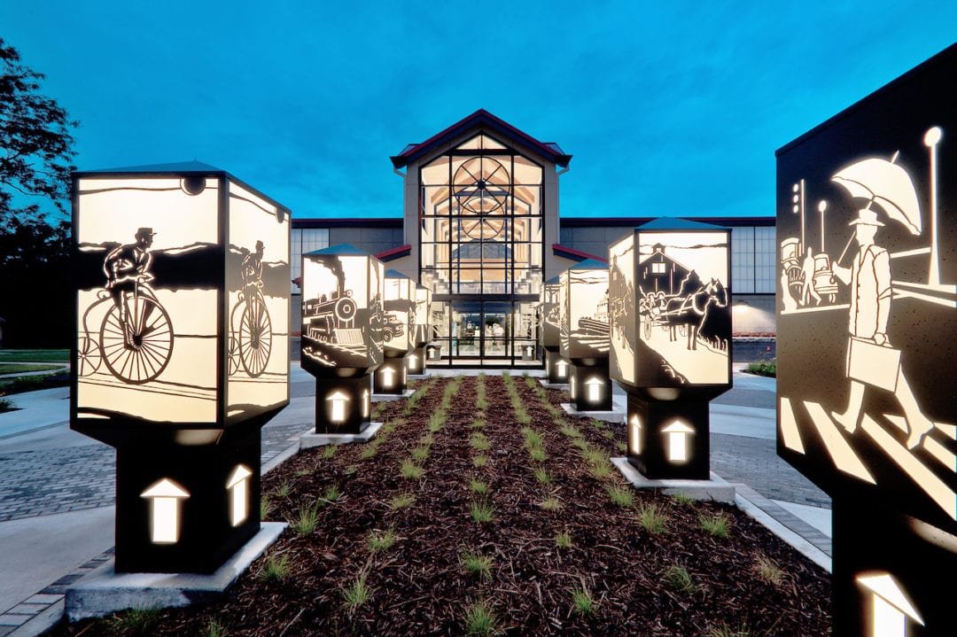 blocks illuminated by lights display stories of Iowa's history