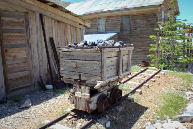 This old mining cart can still move back and forth along the tracks 