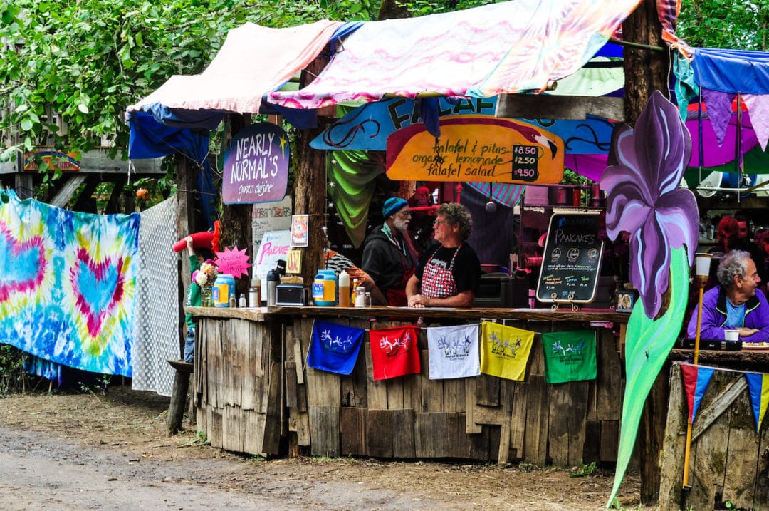 a woman stands behind a counter at a ramshackle food stand called nearly normal's