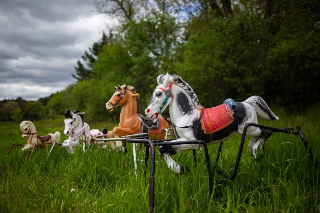 toy rocking horses in a grassy field