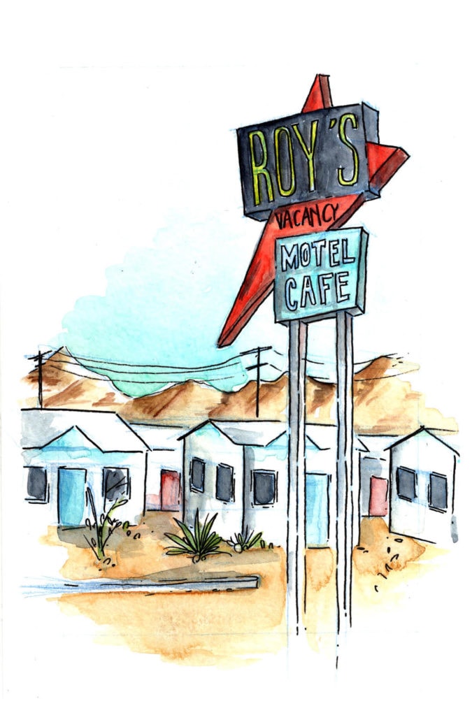 watercolor portrait of roy's motel neon sign