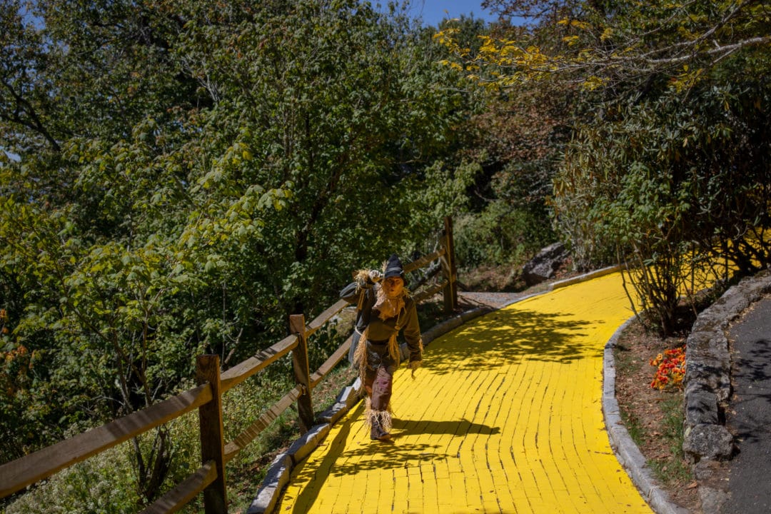The Scarecrow walks on the yellow brick road