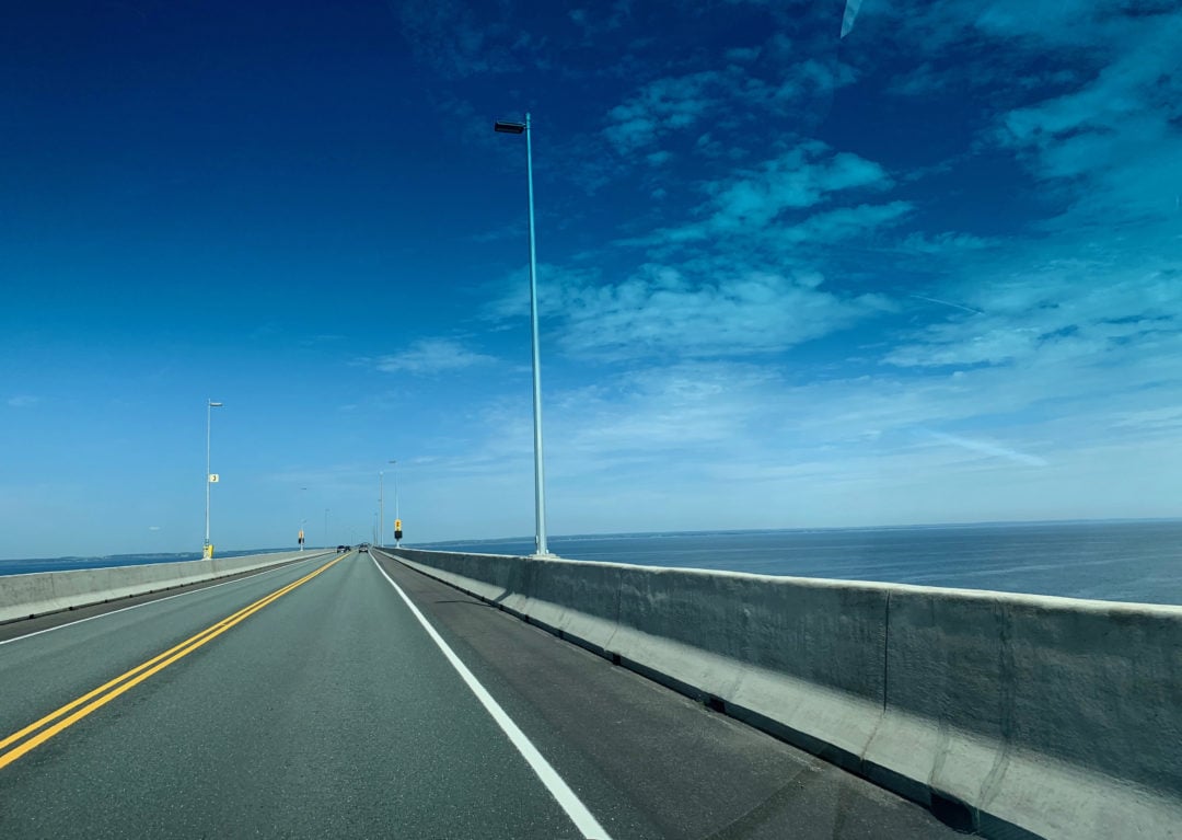 View through the windshield driving to PEI over Confederation Bridge.
