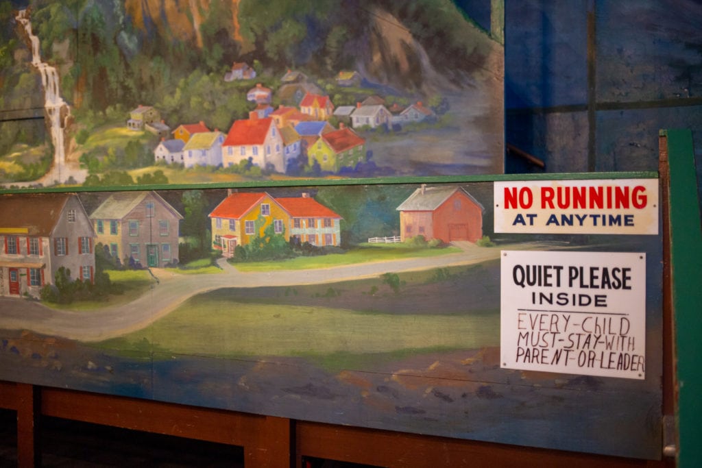 Pastoral hand-painted scenes cover every surface of Roadside America.