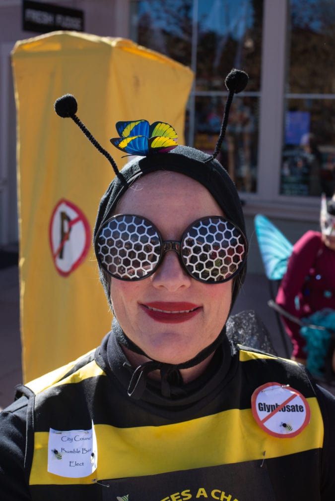 Judith Chandler, city council elect, dressed as a bee. 