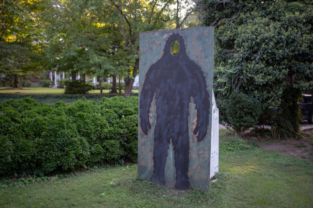A Bigfoot cutout in Barcelo's front yard