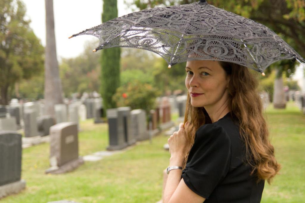 Karie Bible, a tour guide at Hollywood Forever, dressed as the Lady in Black.