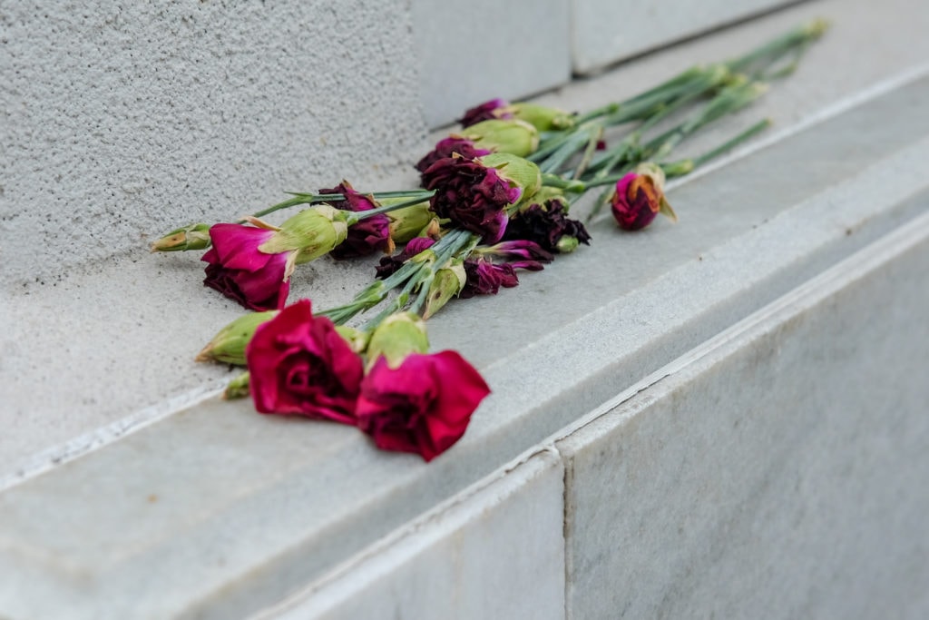 Roses left on a monument.