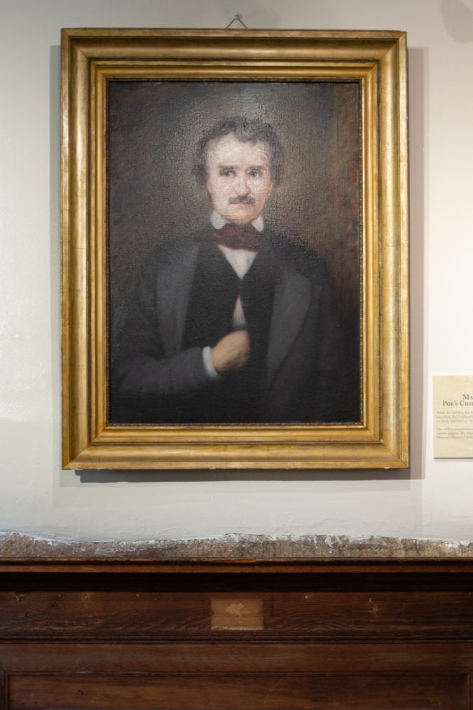 A portrait of Poe and a mantel from one of his childhood homes.