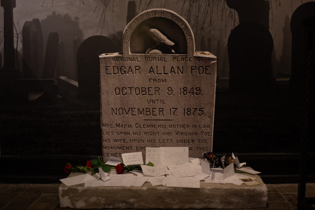 A recreation of Poe's Baltimore gravesite.