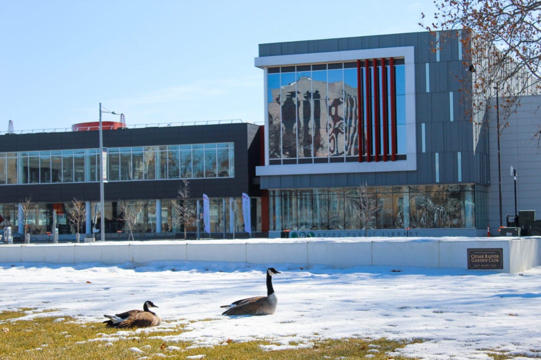 Cedar Rapids Public Library building with snow and geese in front 