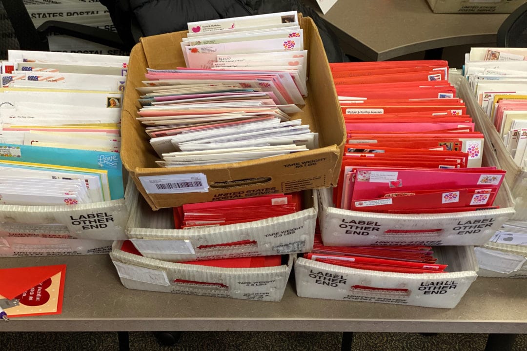Post office bins full of envelopes sit waiting to be stamped by volunteers.