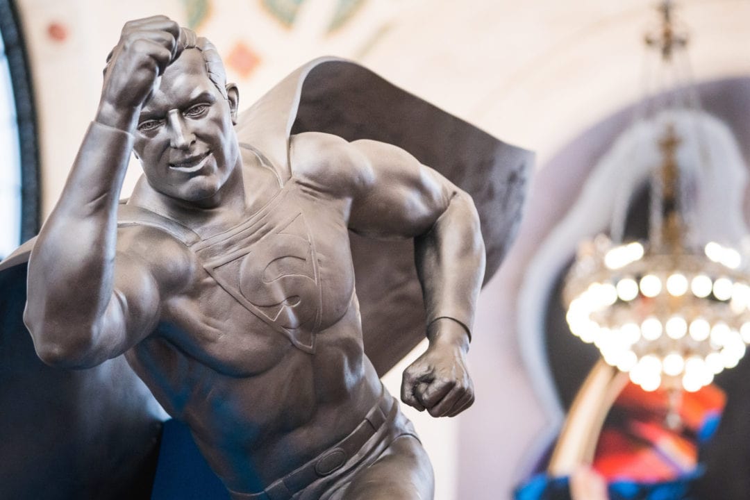 A larger-than-life statue of Superman in flight was donated by Cleveland artist David Deming.