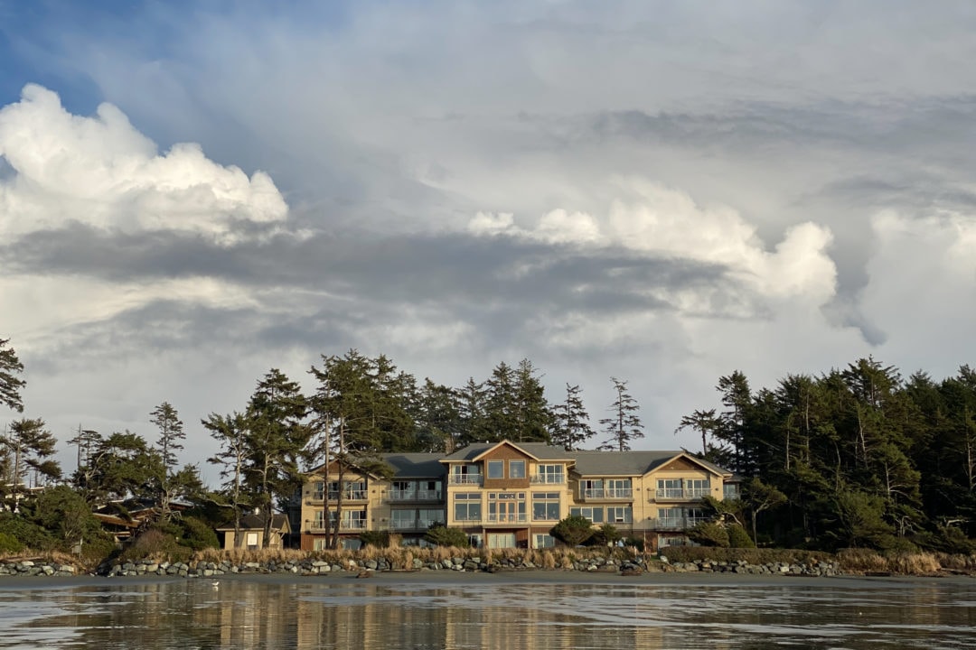 Dark clouds form over the Long Beach Lodge Resort, giving a hint of the wild weather to come.