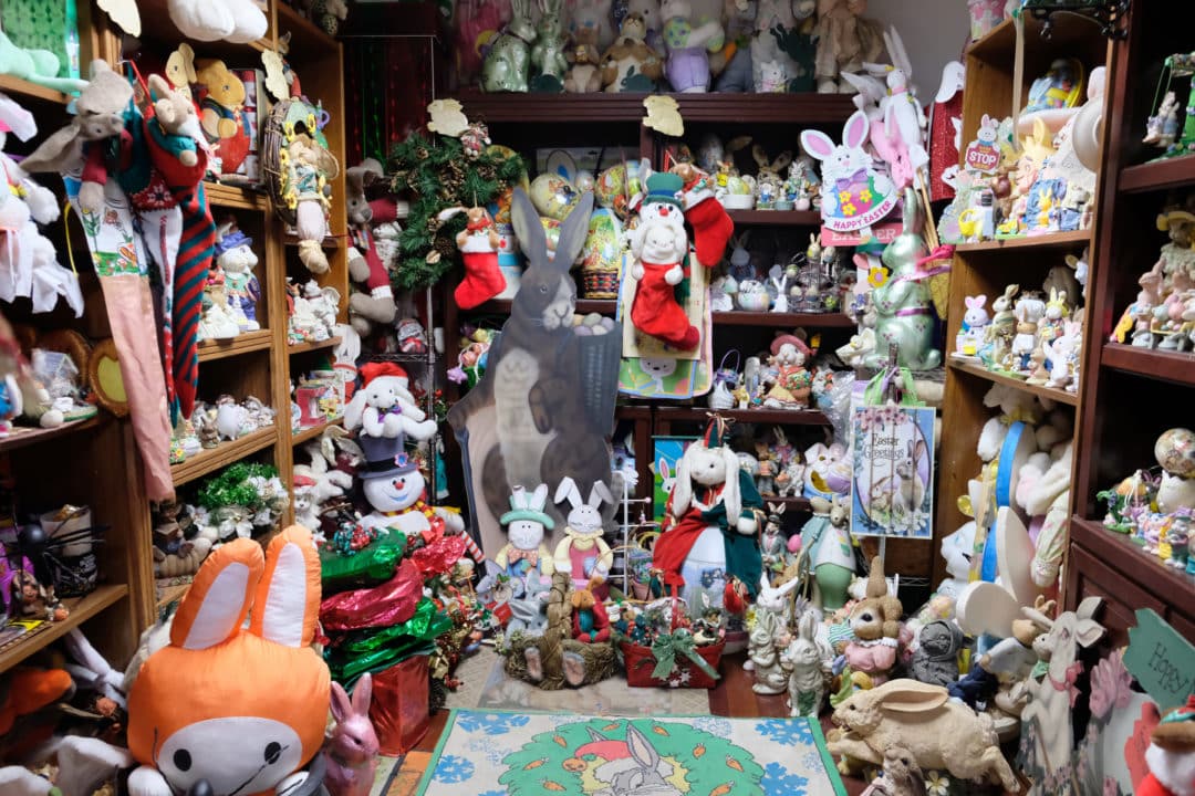 The holiday room contains Easter, Halloween, and Christmas bunny décor. The museum displays its collection floor-to-ceiling “salon-style.” 