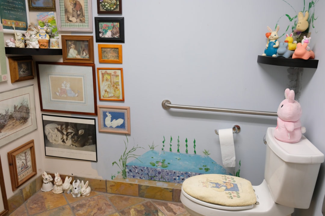 The museum’s restroom is home to more rabbit trinkets.