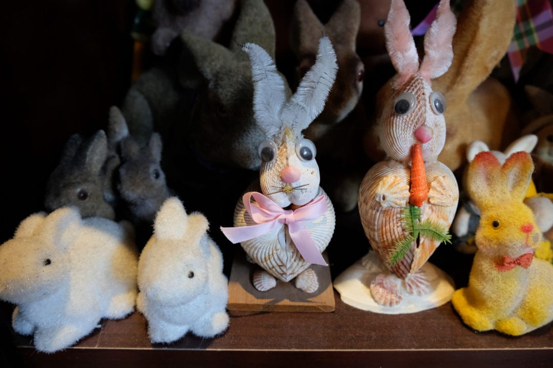 Bunny knick-knacks on display made from seashells. The museum was recognized by the Guinness World Records in 1999 for having the "largest collection of rabbit-related items."
