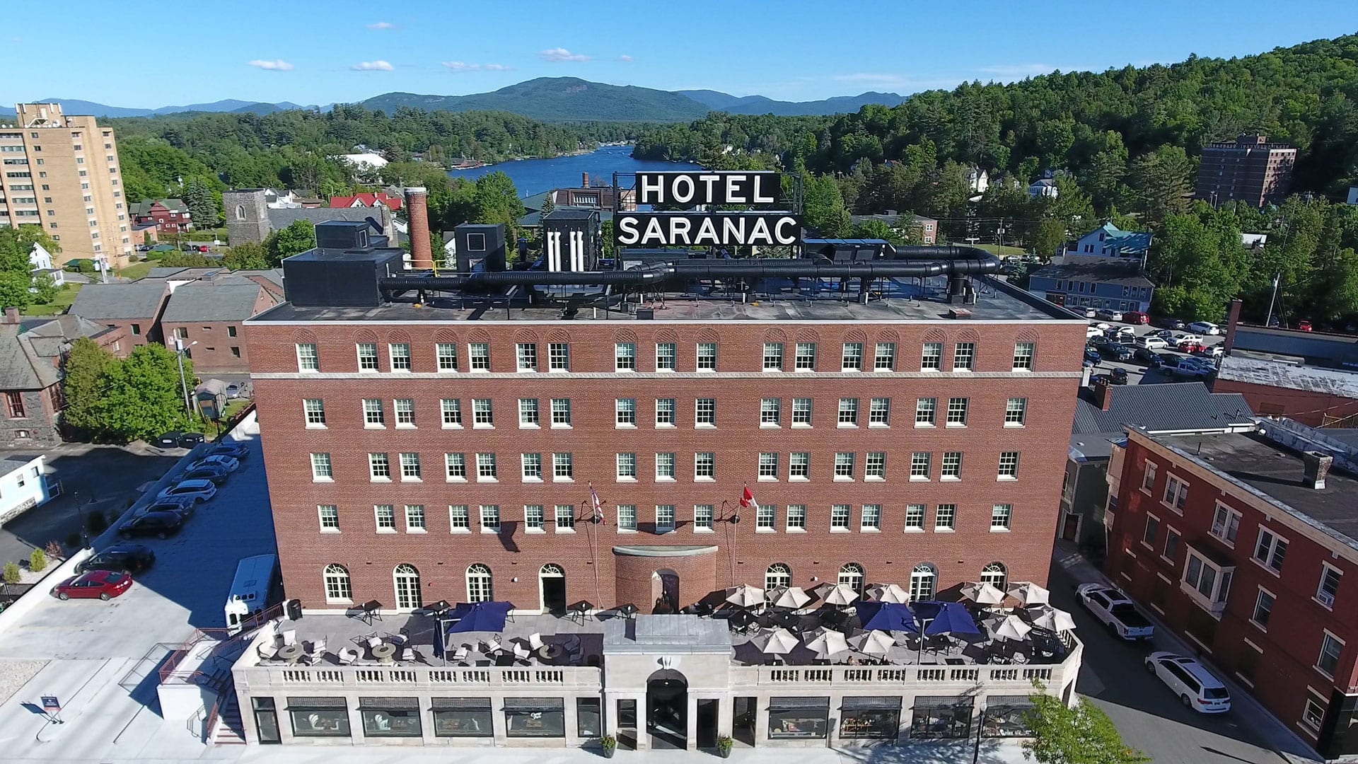 An aerial view of the Hotel Saranac.