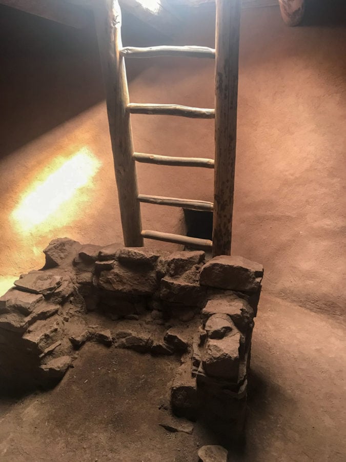 Inside the kiva, a multi-purpose subterranean room often used for religious ceremonies, there is a fireplace and a ventilation shaft.