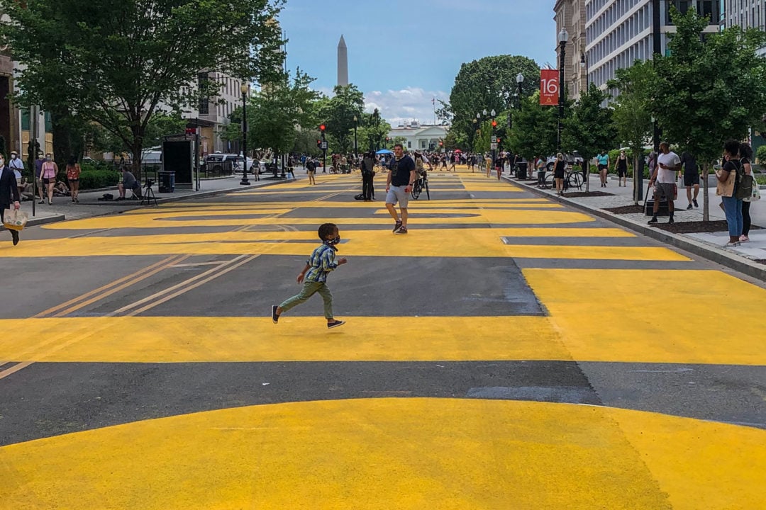 Early on Friday, June 5, the words “Black Lives Matter” were painted in bright yellow paint on 16th Street NW. The 50-foot tall, all-caps statement was commissioned by Mayor Bowser and painted by staff from the District of Columbia Department of Public Works.