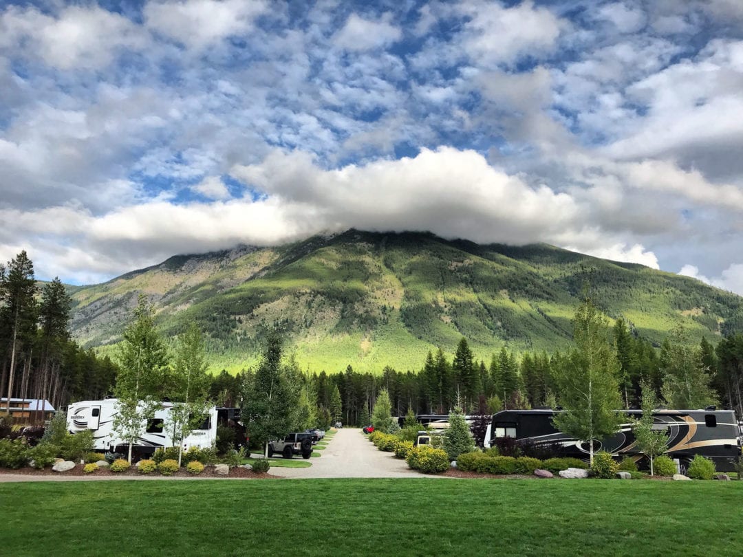 View of mountains and RVs at the West Glacier KOA campground