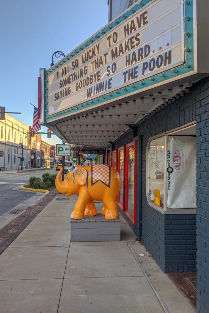 A University of Tennessee elephant beneath Erwin's Capitol Theatre, which closed last year due to weather damage.