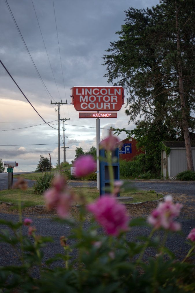 Lincoln Motor Court vacancy sign, with flowers in the foreground.