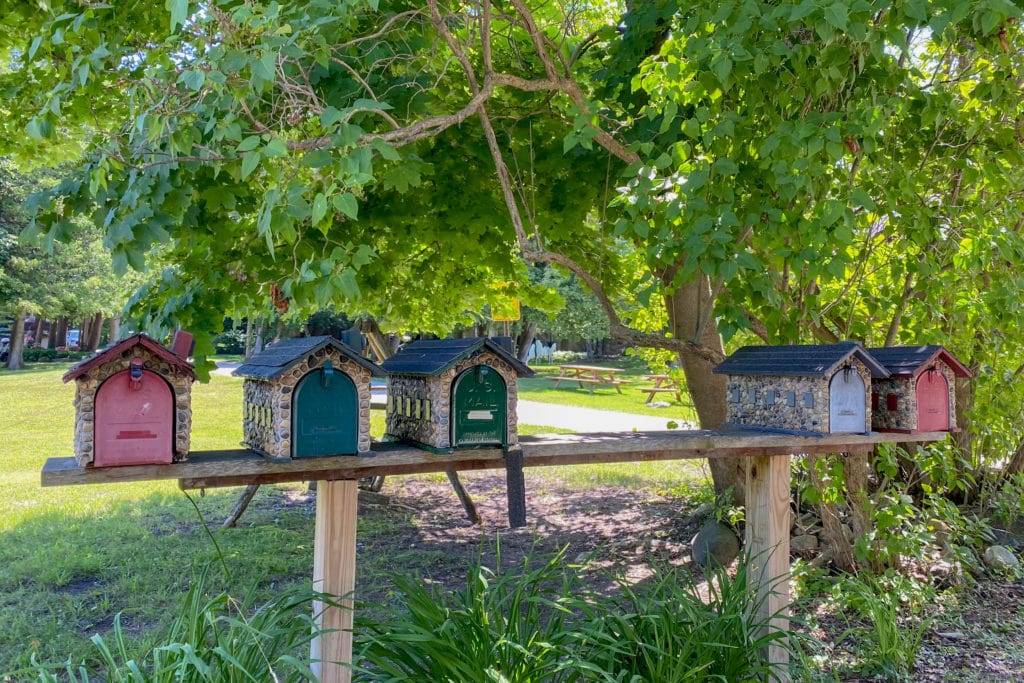 Some current Boulder Park residents appreciate Earl Young's influence on the neighborhood so much that they've constructed their own homes in his style - including this row of stone mailboxes.