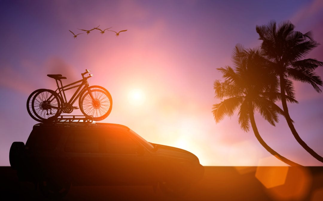Silhouette of two bikes on a rooftop rack with a sunset and palm trees in the background