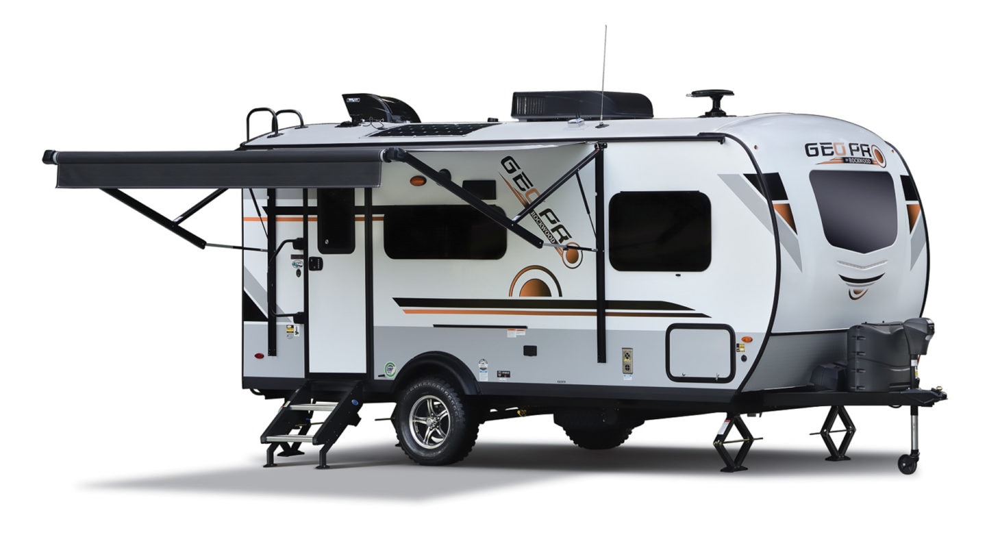 Product photo of the Rockwood Geo Pro with its awning extended, on a white background