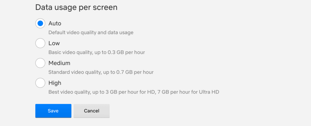 A screen showing how to adjust your data usage on Netflix