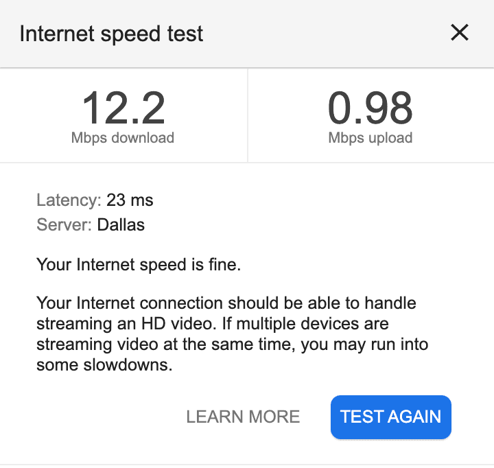 The results of an internet speed test showing connectivity 